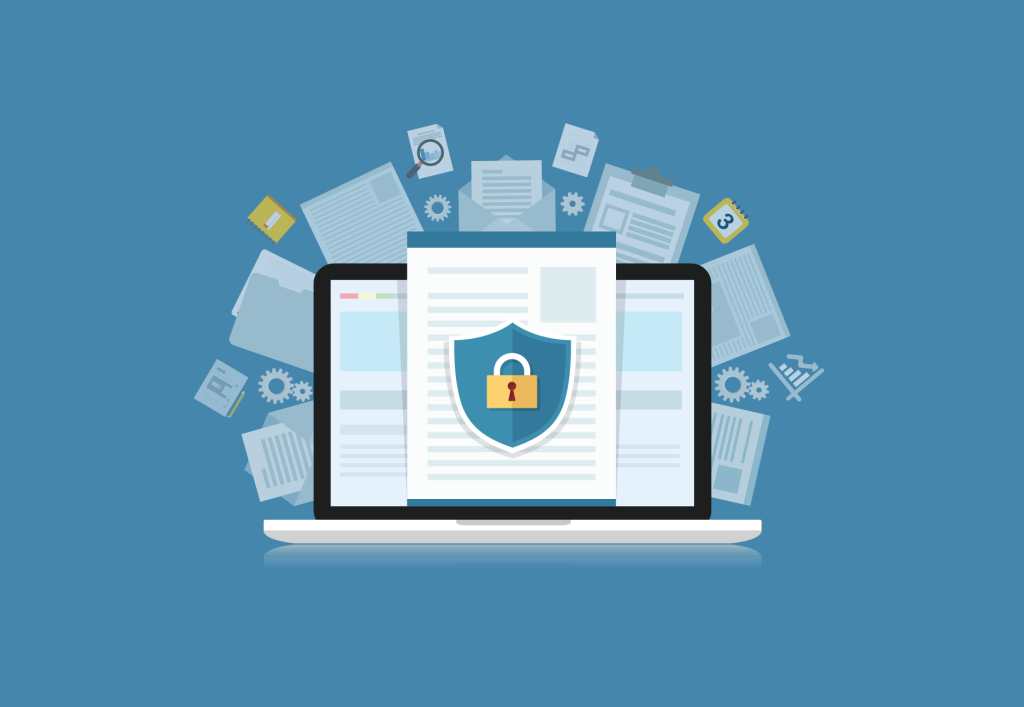 Icon of laptop with papers coming out of it, with a paper in the center of the laptop that has a shield and a lock icon on it.