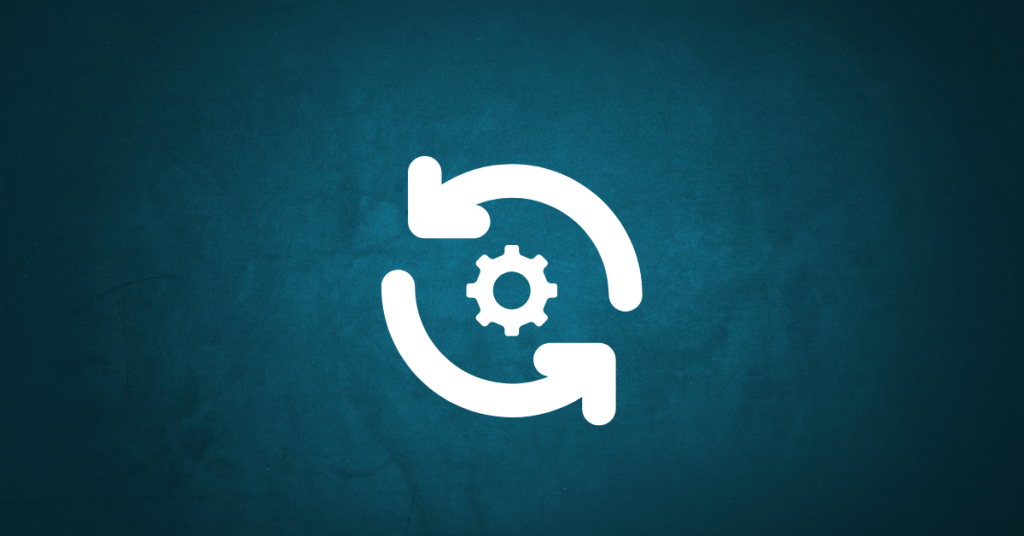 Dark blue background with update icon - two rounded arrows in the shape of a circle - and a gear icon in the middle of the circle.