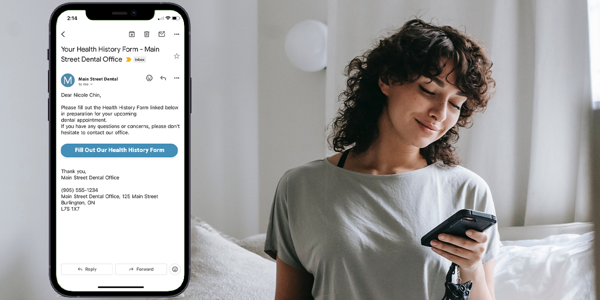 Patient using a smartphone. On the left side of the image, a sample of what an email containing a link to an online health history form may look like.