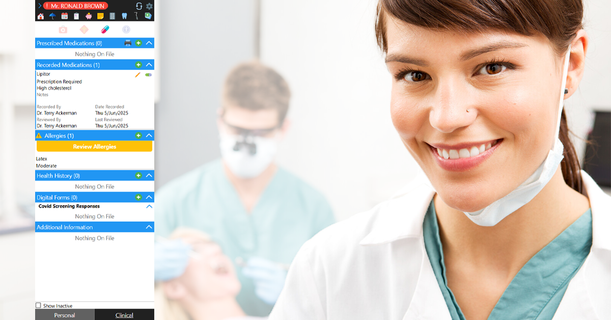 Dentist smiling at camera with a colleague working with a patient in the background. A screenshot of the Clinical Sidebar is to the left of the doctor.
