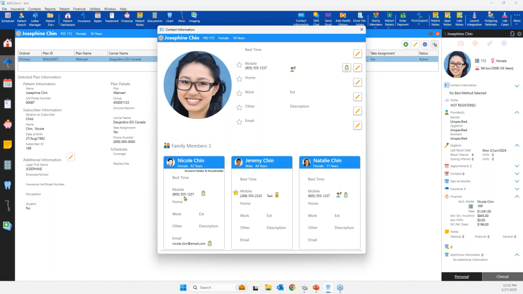 A screenshot of a patient's contact information in ABELDent displaying the patient's family members