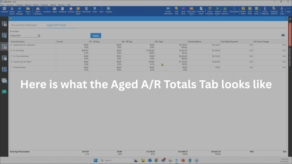 A screenshot of the Aged A/R Totals Tab in ABELDent dental software. Text overlaid reads: "here is what the Aged A/R Totals Tab looks like"