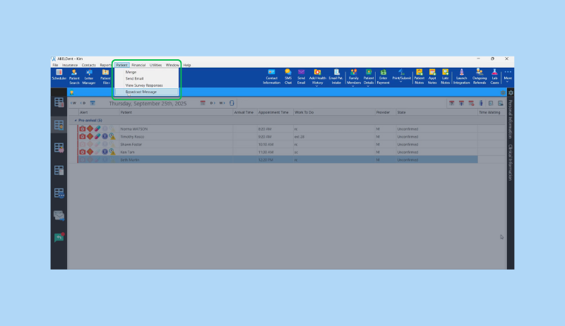 Screenshot of ABELDent dental software displaying selecting Broadcast Messaging in the program.