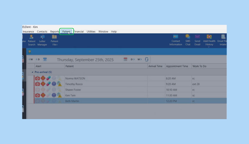 Screenshot of ABELDent dental software displaying selecting the patient tab on the top toolbar.