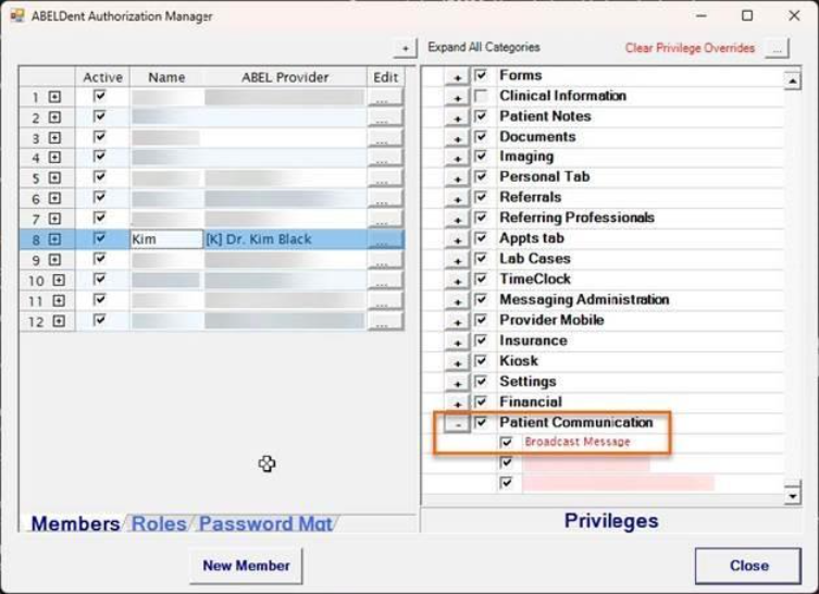 Screenshot of ABELDent's Authorization Manager window with the Patient Communication checkbox highlighted. The sub-category Broadcast Message is selected, indicating that Broadcast Messaging is enabled in ABELDent.