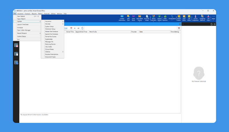 A screenshot displaying how to access the Fee Guide selection screen in ABELDent version 15. The user has selected the update option, and then will select the Dental Fee Guide option.