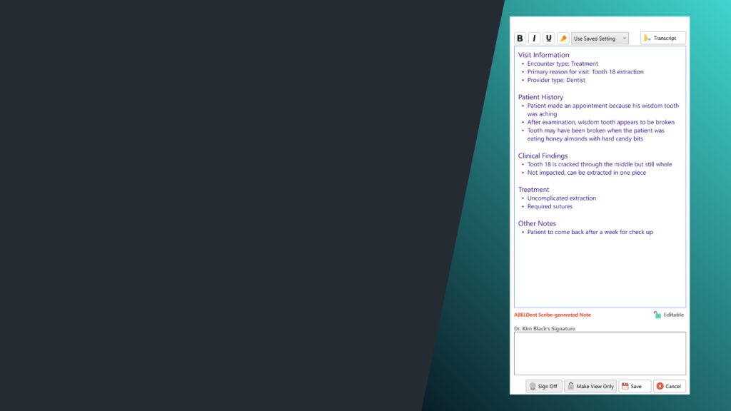 A dark background image with a teal-colored rectangle on the left-hand side. A screenshot example of ABELDent Scribe's AI-generated clinical note suggestion is overlaid on top of the teal rectangle.