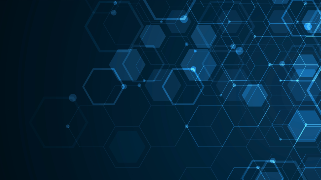 A dark blue background. Blue hexagons, both outlined and filled shapes overlay the dark background. The various hexagons have different levels of opacity.