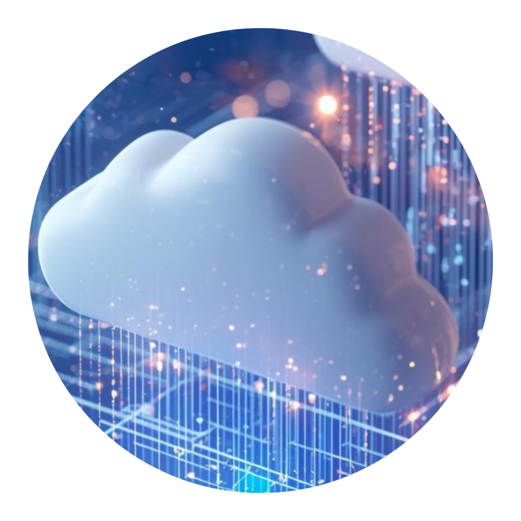 Image of 3D Cloud with lines of light and dotted lines surrounding it. The image of the cloud is in a circle frame.