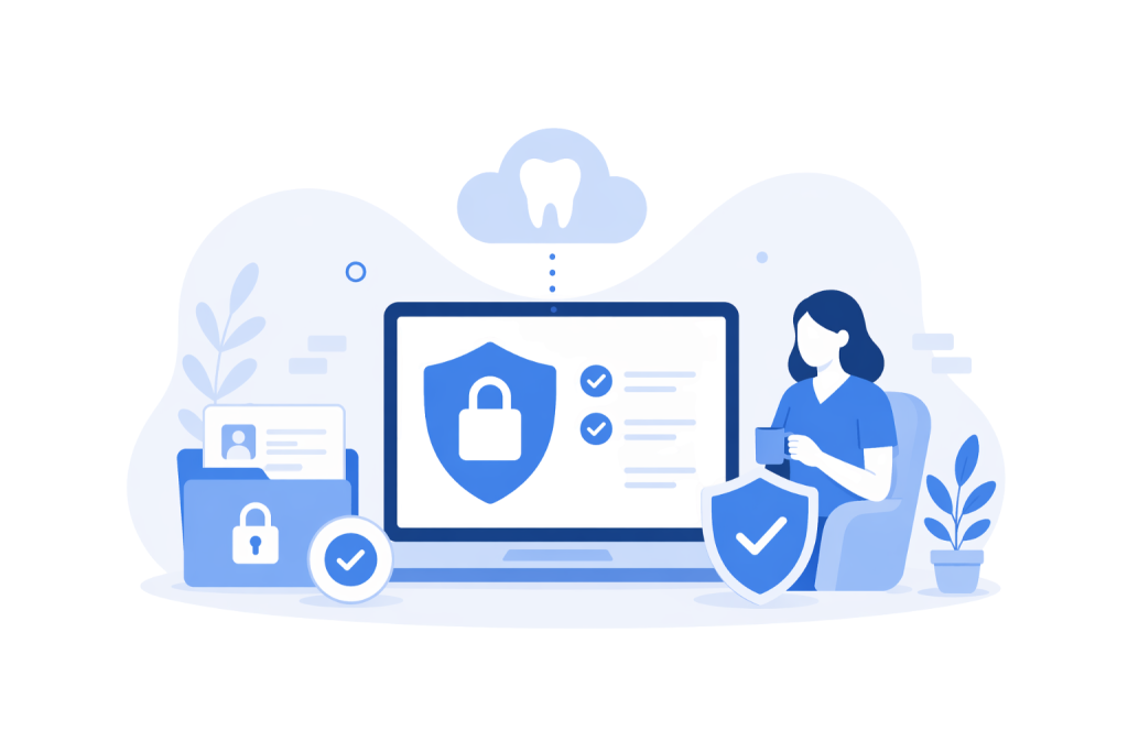An icon-based image depicting a computer monitor with a shield icon and a lock inside along with a checklist. Other icons indicating security motifs are shown and a cloud with a tooth icon is at the top of the image indicating Cloud dental software.