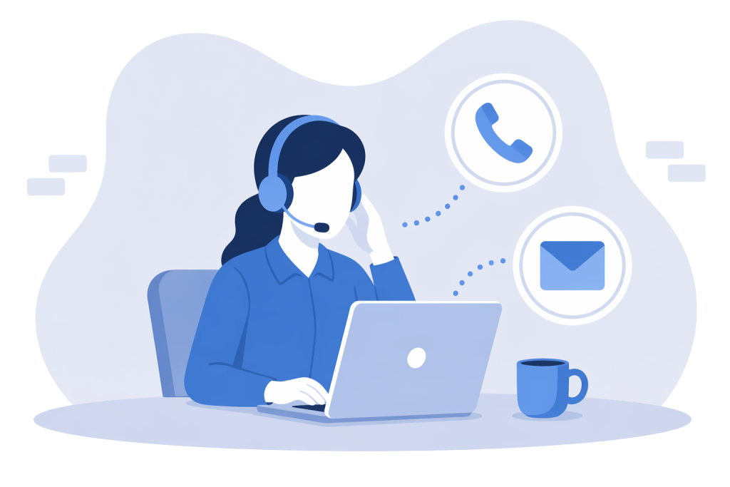 An icon-based image of a person wearing a headset and working on a laptop. Icons in circles appear beside her showing a phone icon and an email icon.