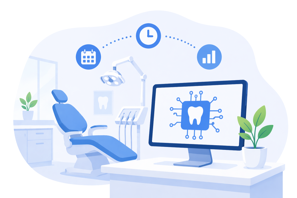 An icon-based image depicting a dental operatory chair and a computer monitor showing an AI chip with a tooth in the center of the chip. Above the operatory chair a calendar icon, a clock icon, and a bar graph with an upward trend are depicted.