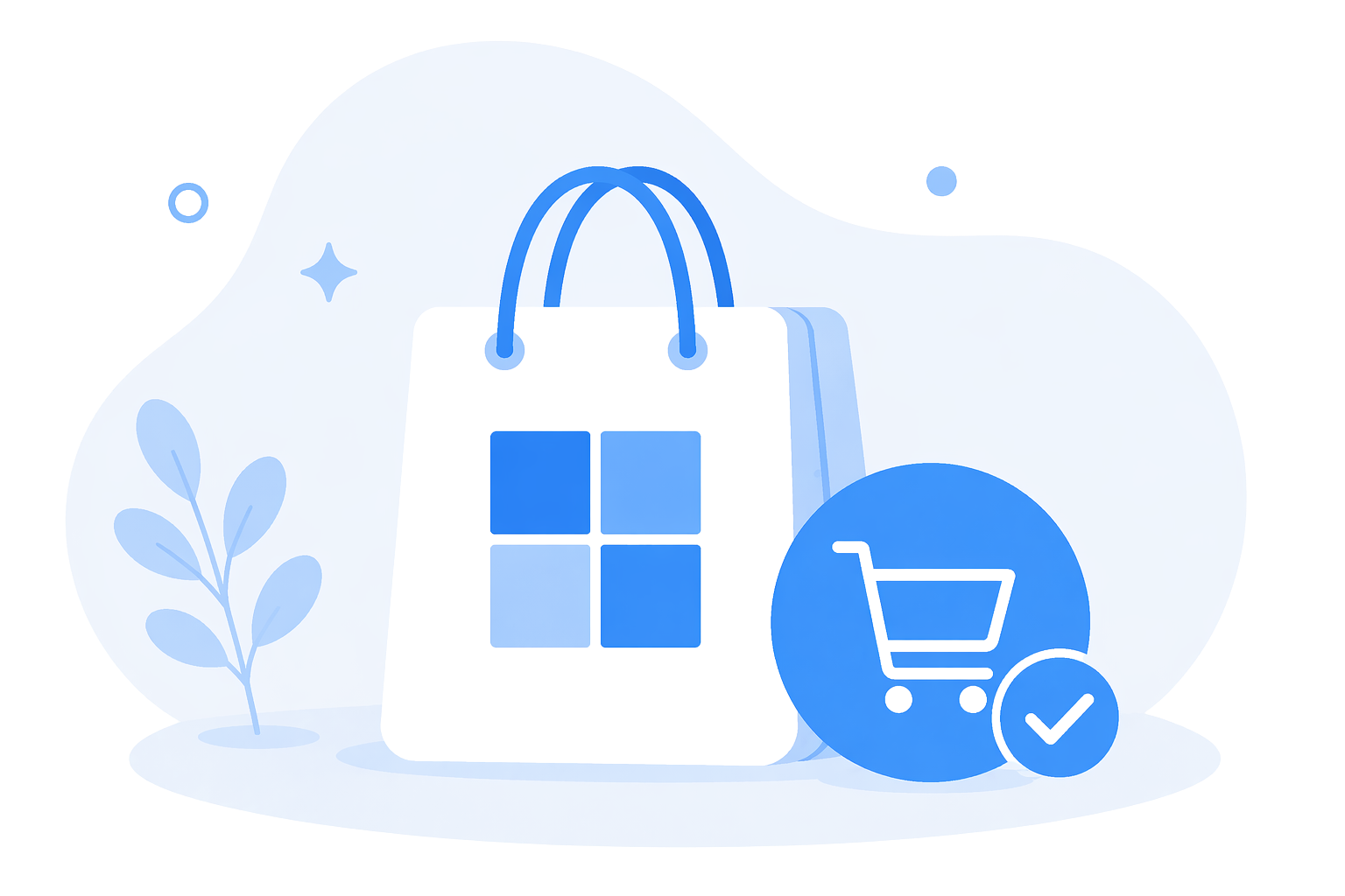 A icon-based image depicting a bag with the Microsoft square logo on it, in shades of blue. Beside the bag is an icon of a shopping cart inside of a blue circle with a smaller checkmark to the right of it.