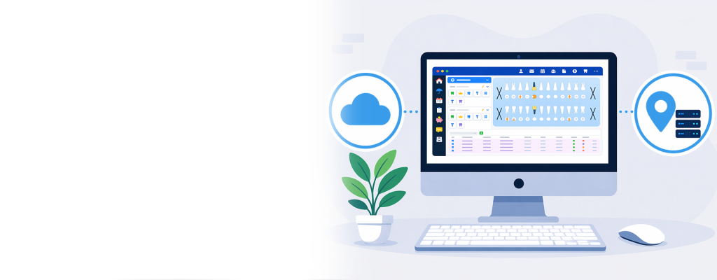 An image of a computer monitor with a simplified cartoon-style version of ABELDent dental software depicted on the monitor. On the left side of the monitor, a cloud icon in a circle is shown, and on the right side, a map pin and a set of three servers is shown. A potted plant is also beside the computer monitor.