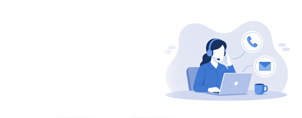 An icon-based image of a person wearing a headset and working on a laptop. Icons in circles appear beside her showing a phone icon and an email icon.