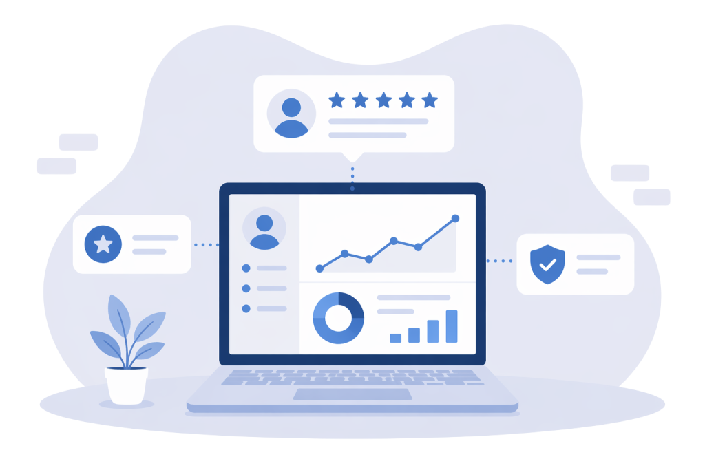 Copilot said: Clean icon-style illustration of a screen showing positive reviews and a checkmark symbolizing reputation management.