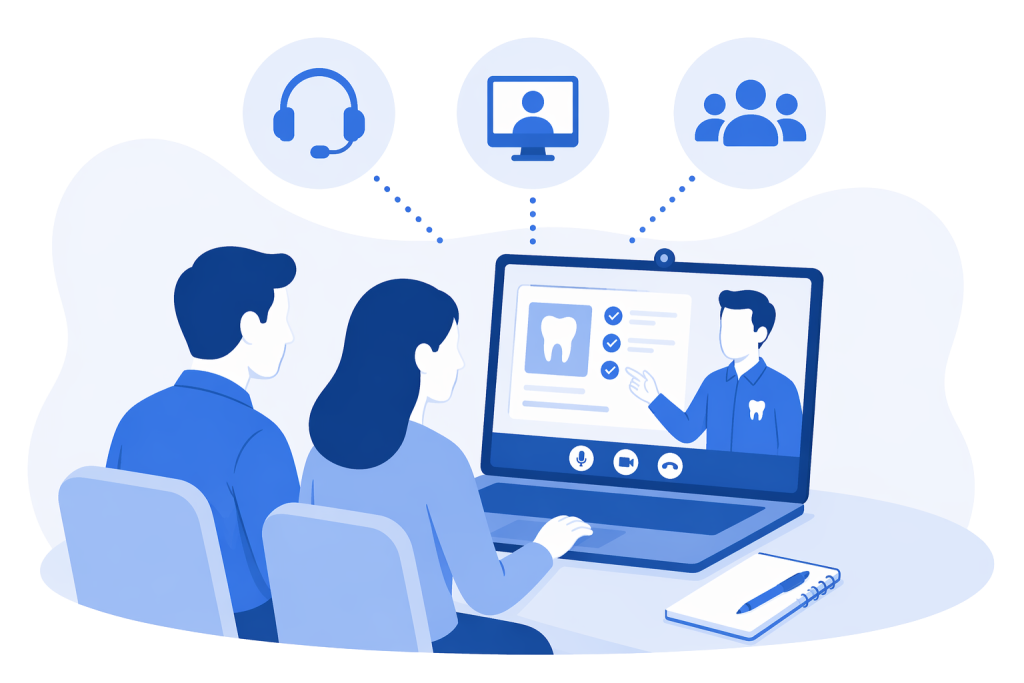 An icon-based image depicting a trainer on-screen on a video call with two staff members sitting at a laptop, learning how to use a software. Three icons are above the laptop - a headset, a computer icon, and an icon of a group of people, indicating group training.