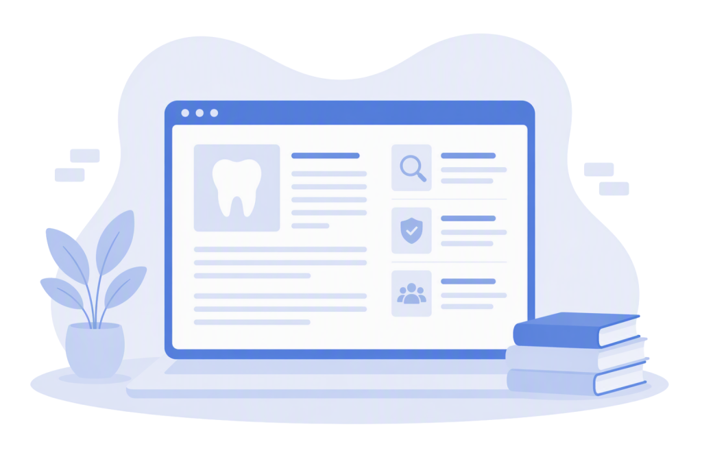 Illustration of a dental article library displayed on a laptop screen. The webpage layout features a featured article with a tooth graphic, multiple article summaries arranged in sections, and simple content icons representing search, security, and community topics. A stack of books sits beside the laptop, with a potted plant on the opposite side. The image uses a clean blue-and-white color palette and minimalist vector style to represent educational dental content and resources.
