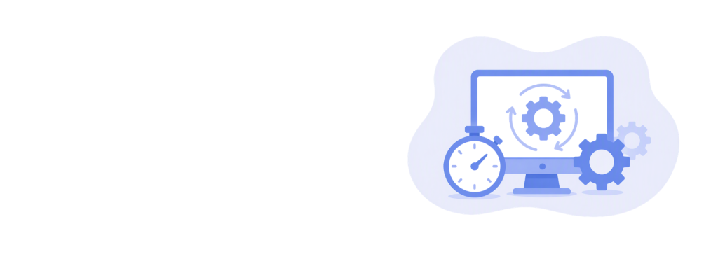 Illustration of an automated software workflow showing a computer monitor with rotating gear icons, a stopwatch representing time savings, and a clean blue-themed interface, symbolizing background automation and efficient digital processes.