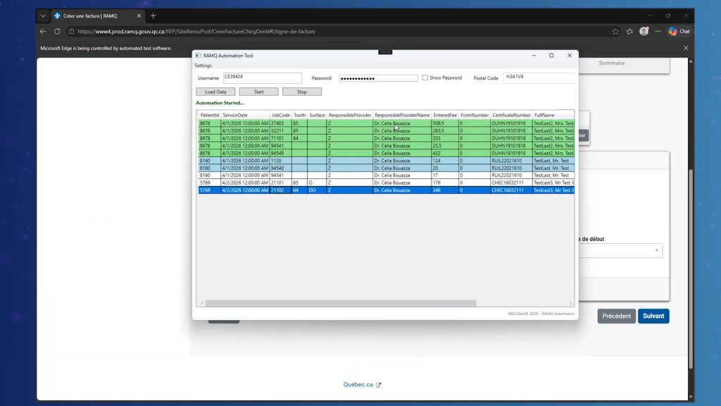 Screenshot of ABELDent's RAMQ Submission Process. The green highlighted text means that those claims have been processed.