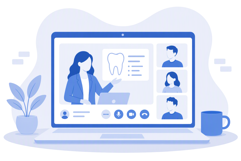 Illustration of an online dental webinar displayed on a laptop screen. A presenter shares information about a tooth while three attendees appear in video call windows beside the presentation. The interface includes simple video conferencing controls and a clean blue-and-white color palette. A potted plant sits beside the laptop, reinforcing a modern, professional virtual learning environment.